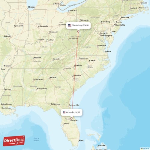Clarksburg - Orlando direct flight map