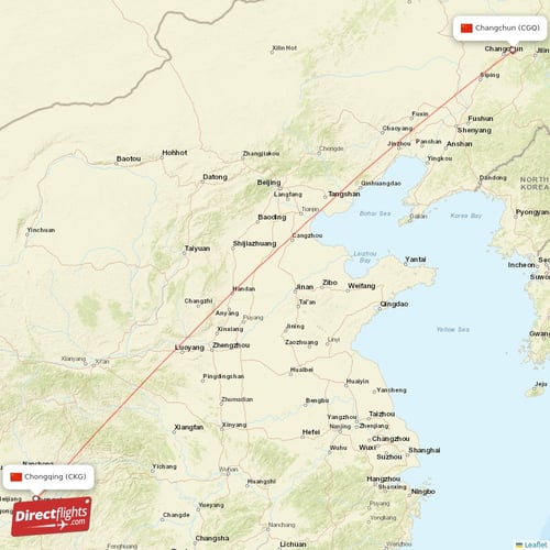 Chongqing - Changchun direct flight map