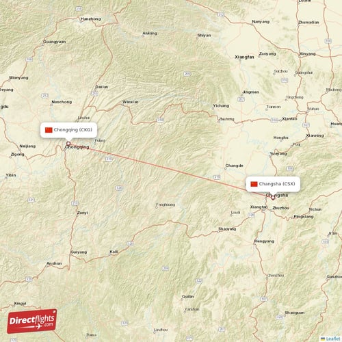 Chongqing - Changsha direct flight map