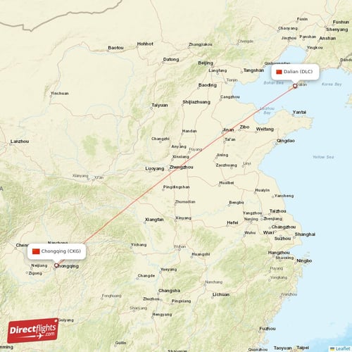 Chongqing - Dalian direct flight map