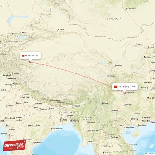 Chongqing - Hotan direct flight map