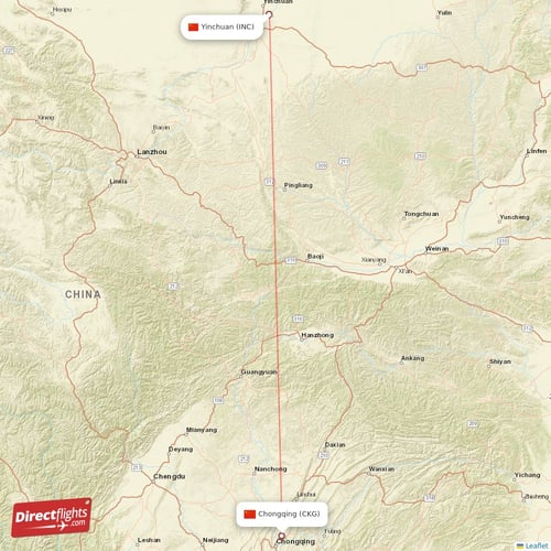 Chongqing - Yinchuan direct flight map