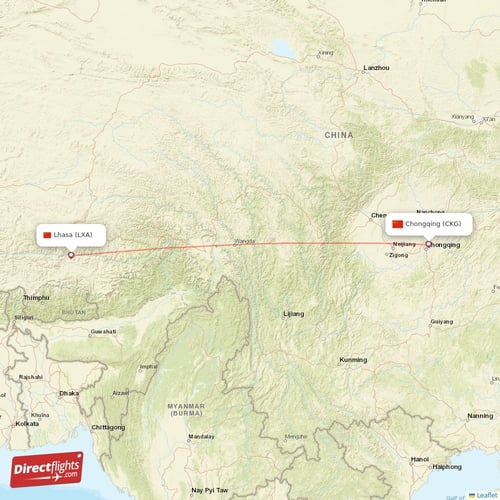 Chongqing - Lhasa/Lasa direct flight map