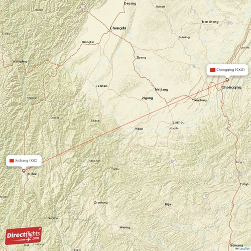 Chongqing - Xichang direct flight map