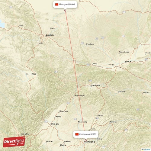 Chongqing - Zhongwei direct flight map