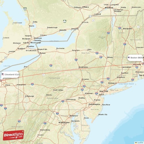 Cleveland - Boston direct flight map