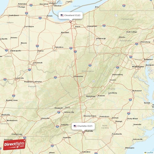 Cleveland - Charlotte direct flight map