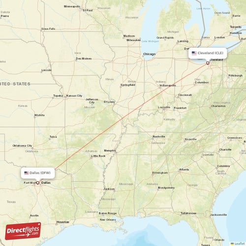 Cleveland - Dallas direct flight map