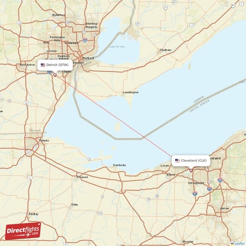 Cleveland - Detroit direct flight map
