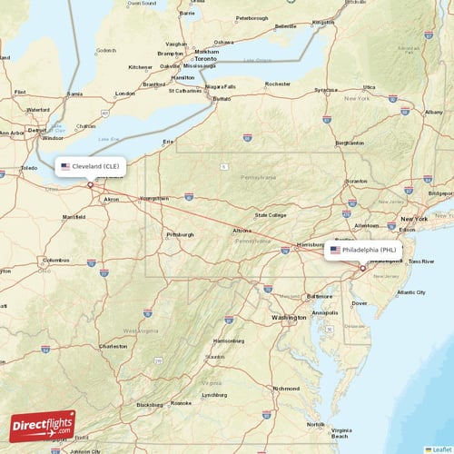 Cleveland - Philadelphia direct flight map