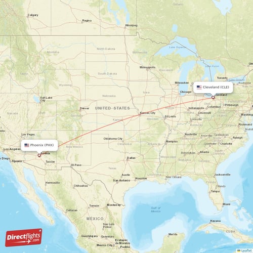 Cleveland - Phoenix direct flight map