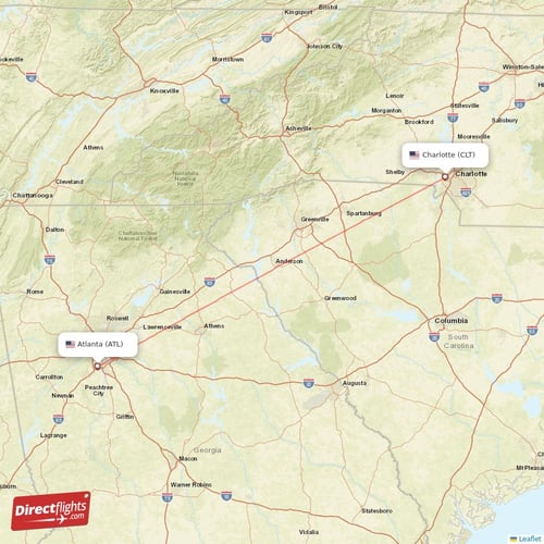 Charlotte - Atlanta direct flight map