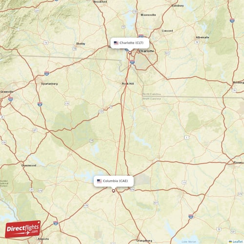 Charlotte - Columbia direct flight map