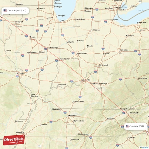 Charlotte - Cedar Rapids direct flight map