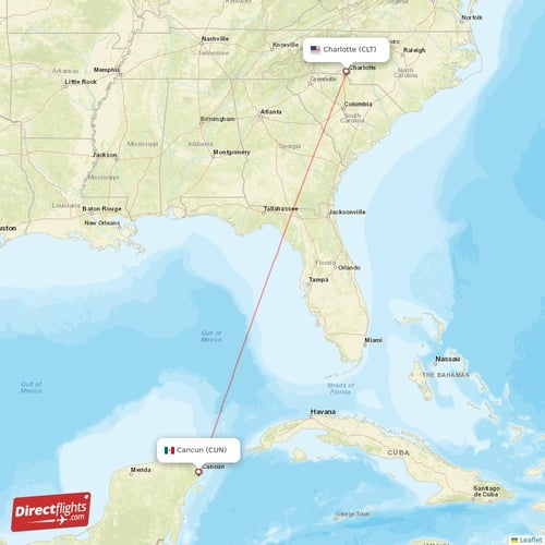 Charlotte - Cancun direct flight map