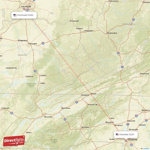 Charlotte - Cincinnati direct flight map