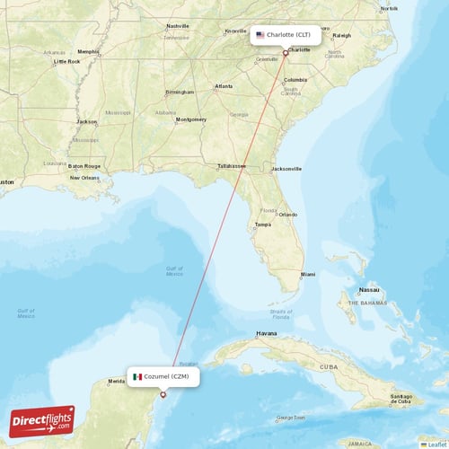 Charlotte - Cozumel direct flight map