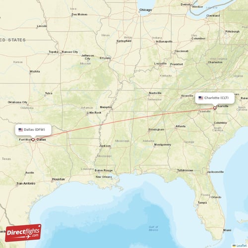 Charlotte - Dallas direct flight map