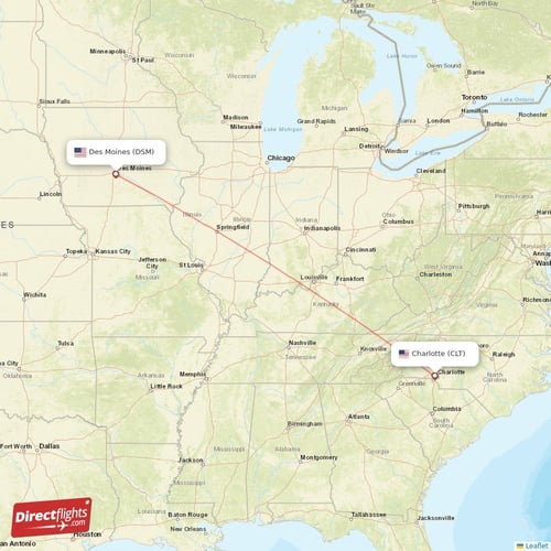 Charlotte - Des Moines direct flight map