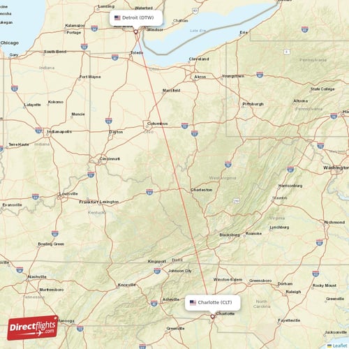 Charlotte - Detroit direct flight map