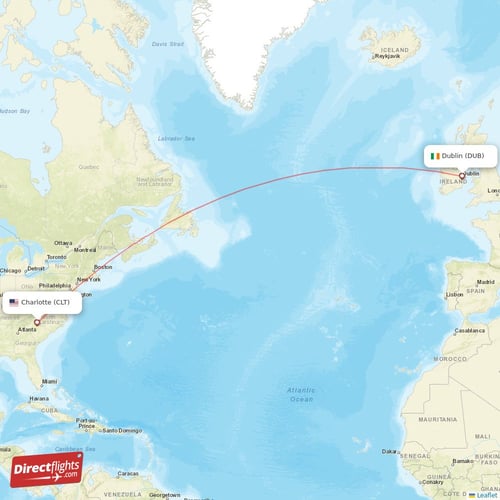 Charlotte - Dublin direct flight map