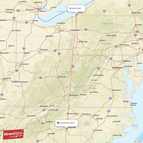 Charlotte - Erie direct flight map
