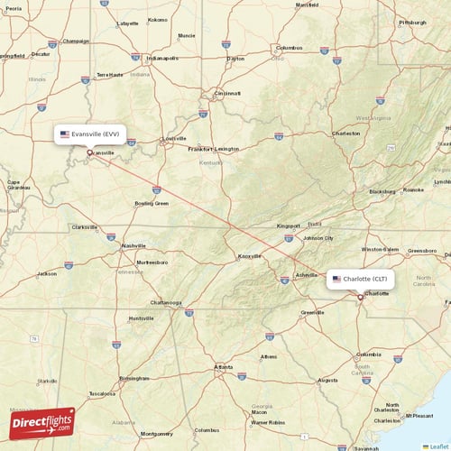 Charlotte - Evansville direct flight map