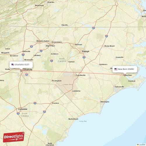 Charlotte - New Bern direct flight map