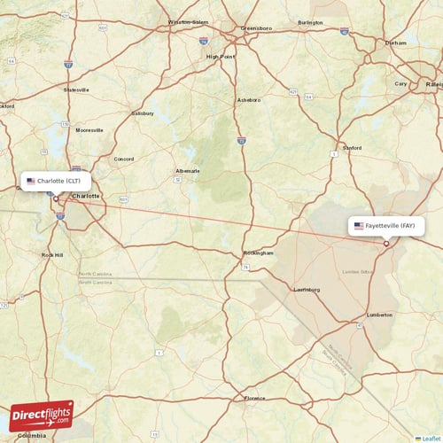 Charlotte - Fayetteville direct flight map