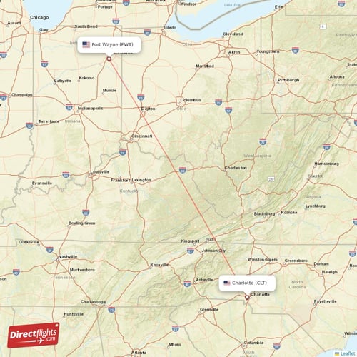 Charlotte - Fort Wayne direct flight map