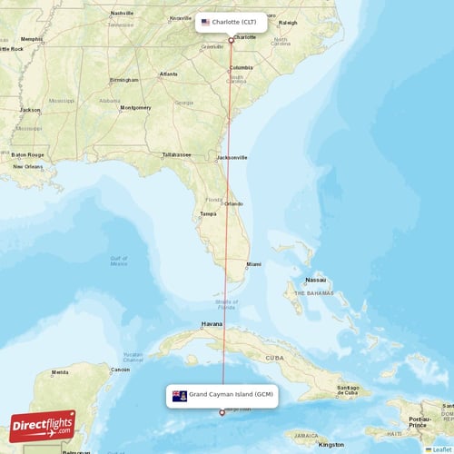 Charlotte - Grand Cayman Island direct flight map