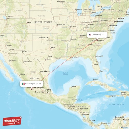 Charlotte - Guadalajara direct flight map