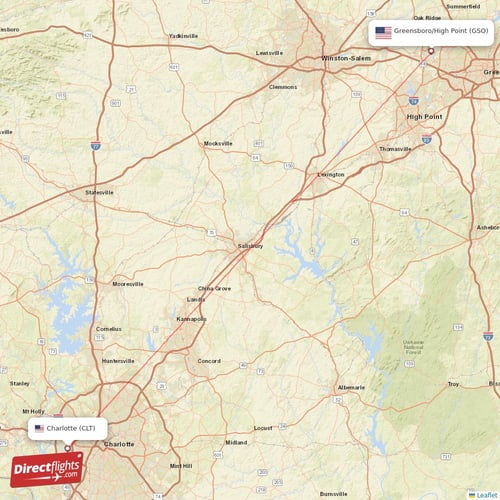 Charlotte - Greensboro/High Point direct flight map