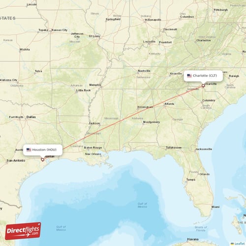 Charlotte - Houston direct flight map