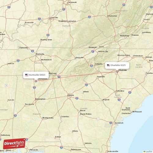 Charlotte - Huntsville direct flight map