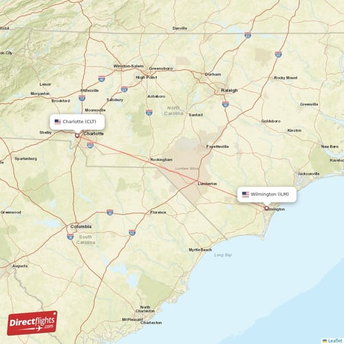 Charlotte - Wilmington direct flight map