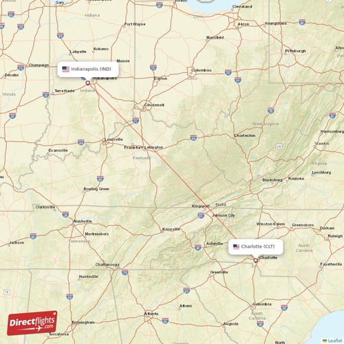 Charlotte - Indianapolis direct flight map