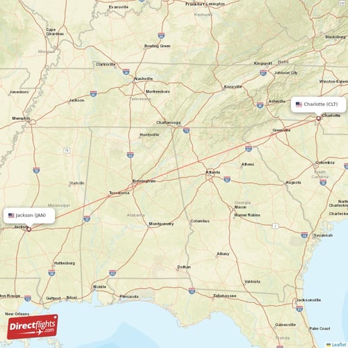 Charlotte - Jackson direct flight map