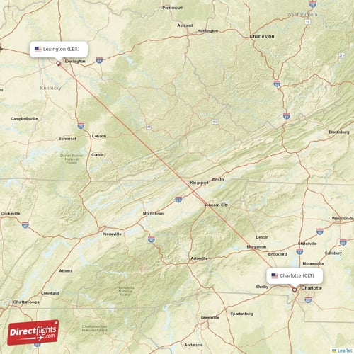 Charlotte - Lexington direct flight map