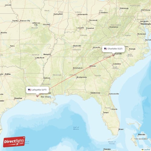 Charlotte - Lafayette direct flight map