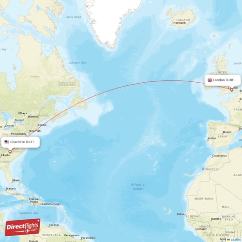 Charlotte - London direct flight map