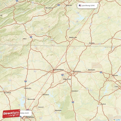 Charlotte - Lynchburg direct flight map