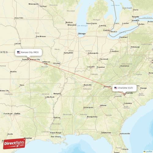 Charlotte - Kansas City direct flight map