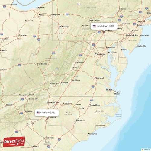 Charlotte - Middletown direct flight map