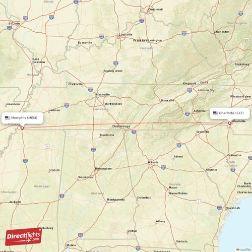 Charlotte - Memphis direct flight map