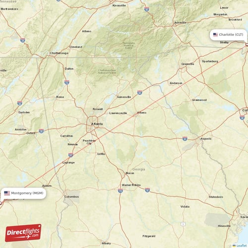 Charlotte - Montgomery direct flight map
