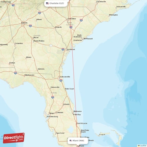 Charlotte - Miami direct flight map