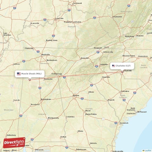 Charlotte - Muscle Shoals direct flight map