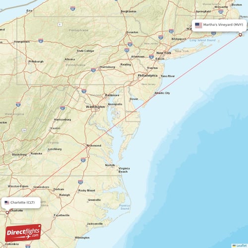 Charlotte - Martha's Vineyard direct flight map