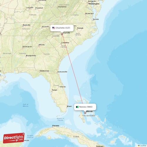 Charlotte - Nassau direct flight map